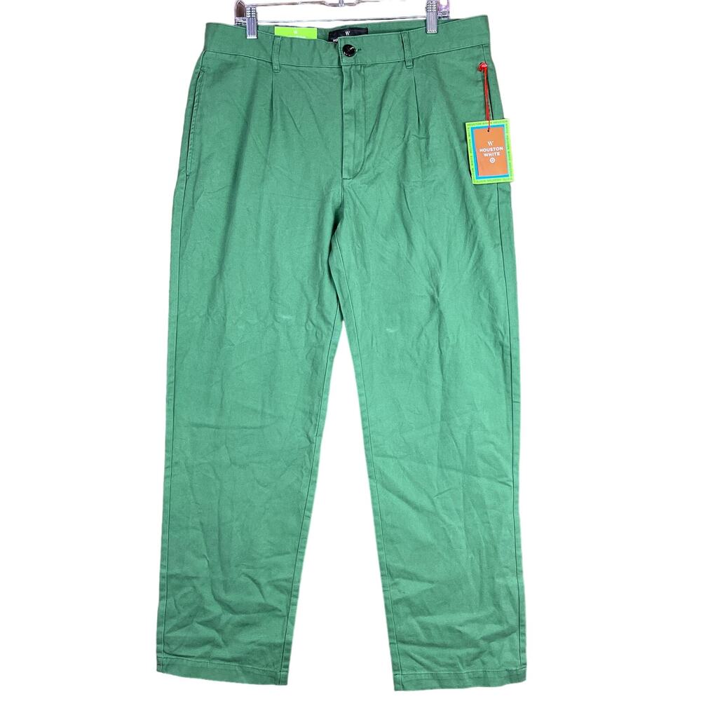Houston White Mens Chinos Green Single Pleated Wide Leg Cotton NWT 36x32
